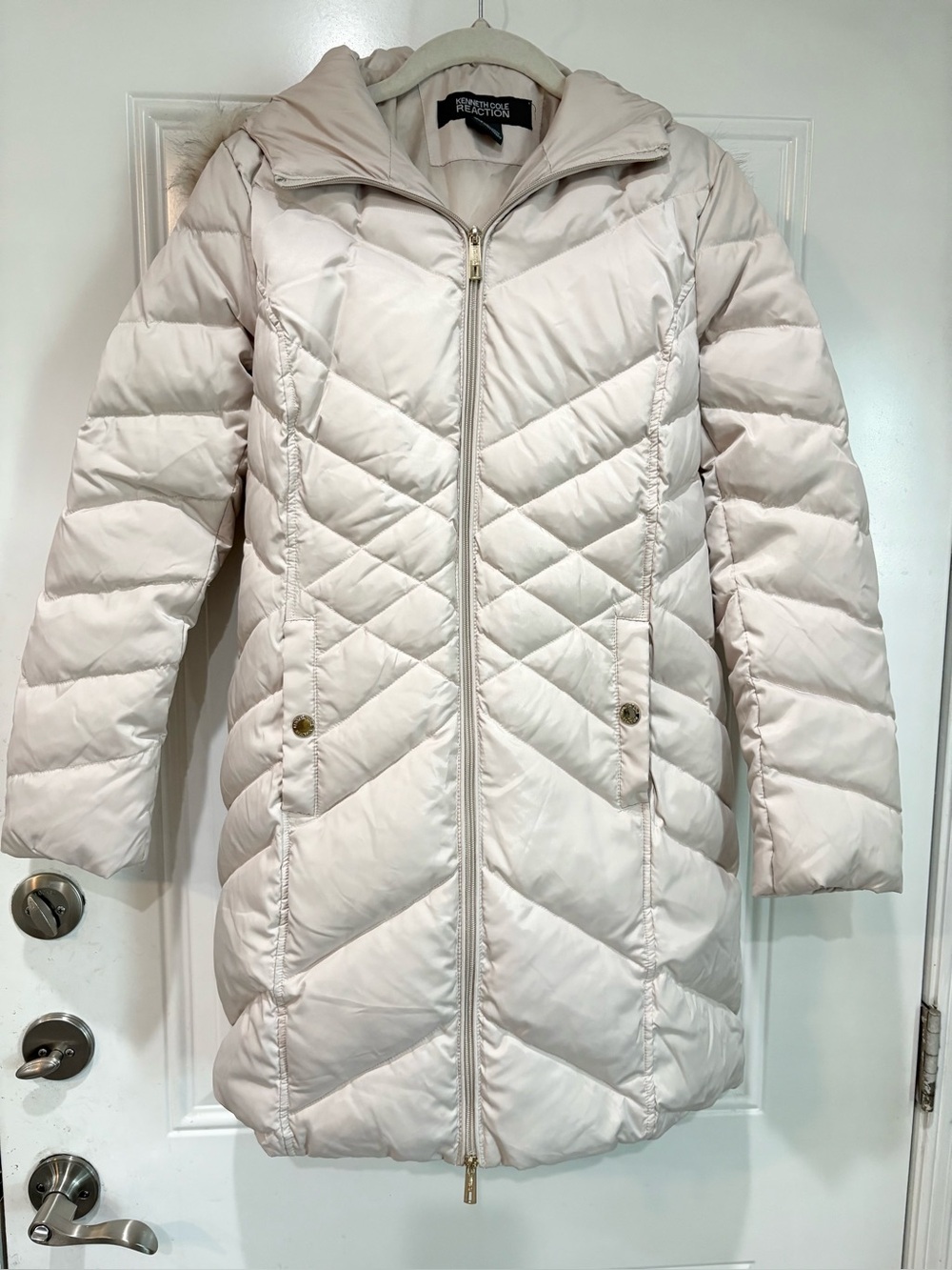 Kenneth Cole Reaction Lightweight long Quilted Hooded Coat w/optional Fur Trim